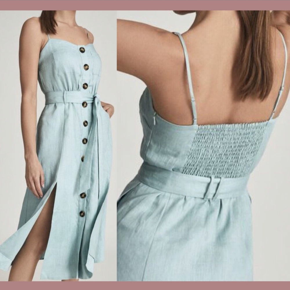 NWD $320 Reiss [ 14 US ] Catalina Linen Button Front Midi Dress in Sage‎ - Picture 2 of 16